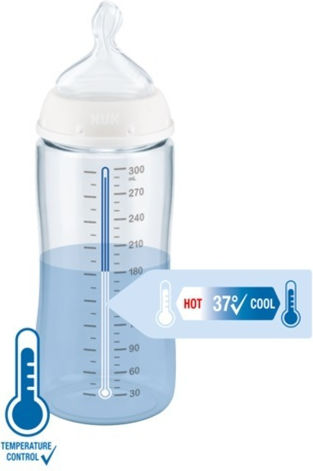 Nuk Plastik Babyflasche First Choice Plus Temperaturkontrolle Winnie Anti-Kolik mit Silikon Saugflasche für 0-6 Monate Blau Tiger - Blau 300ml
