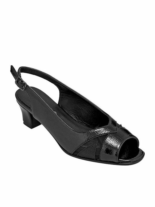 B-Soft Anatomic Leather Peep Toe Black Medium Heels with Strap