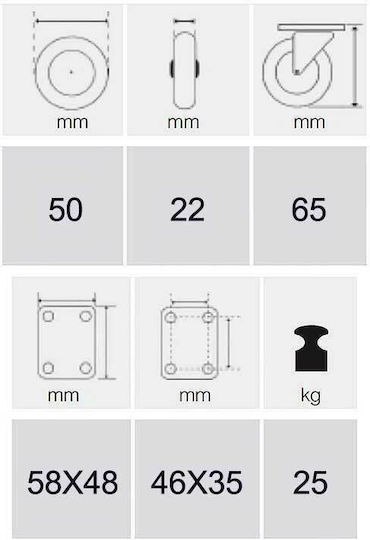 Ροδάκι Επίπλου Μεταλλικό Μαύρο 5x5cm 4τμχ