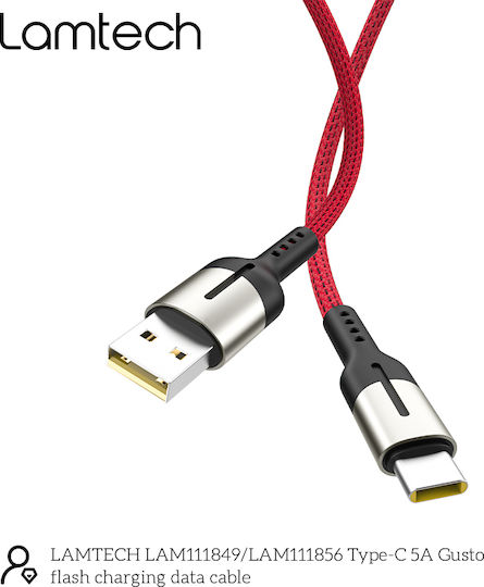 Lamtech Braided / Regular USB 2.0 Cable USB-C male - USB-A 100W PD Κόκκινο 1.2m LAM111856