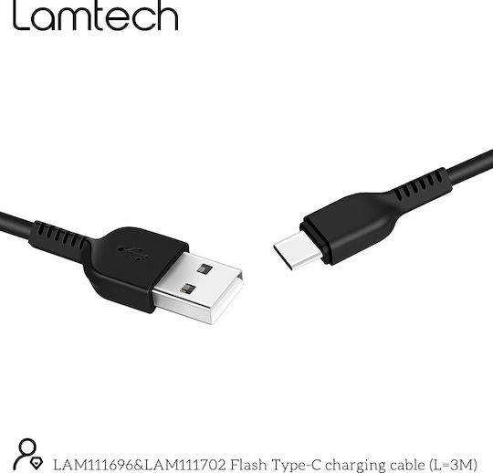Lamtech USB 2.0 Cable USB-C male - USB-A 18W Μαύρο 3m LAM111696