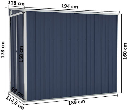Metallic Garden Shed Galvanized Anthracite with Air Vents M1.18xW1.94xH1.78m