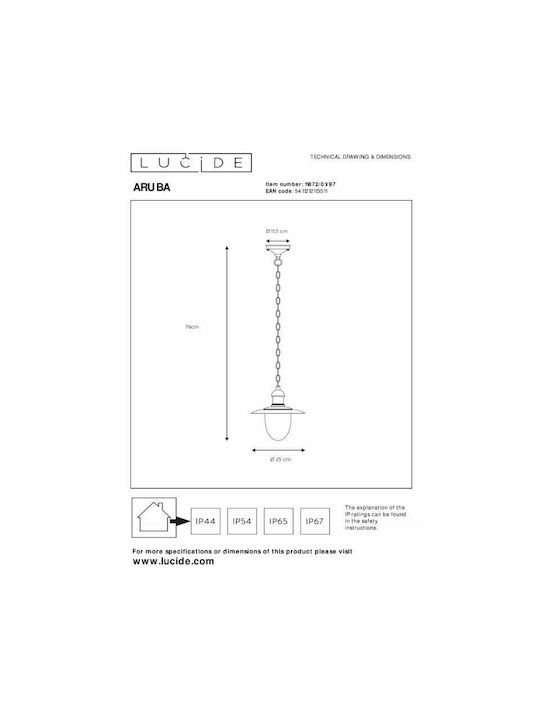 Lucide Lightning Aruba Outdoor Hanging Ceiling Light E27 in Black Color 11872/01/97