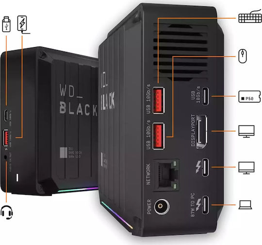 Western Digital WD_BLACK D50 Thunderbolt 3 Docking Station with DisplayPort 4K PowerDelivery Ethernet and Connection for 2 Monitors Black