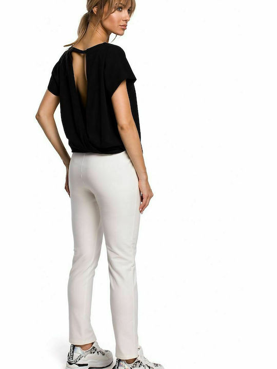 MOE Women's High-waisted Cotton Trousers with Elastic in Straight Line Ecru