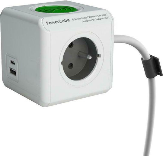 Allocacoc PowerCube 3 Positionen mit 1 USB-A, 1 USB-C und Kabel 1.5m Gray