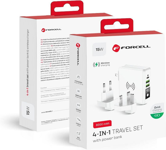 Forcell Multifunction 4in1 Wireless Power Bank 8000mAh 15W με 2 Θύρες USB-A και Θύρα USB-C Λευκό