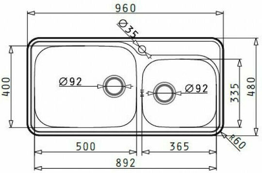 Pyramis Space Plus 2B 108716401 Drop-In Sink Left Inox Satin W96xD48cm Silver