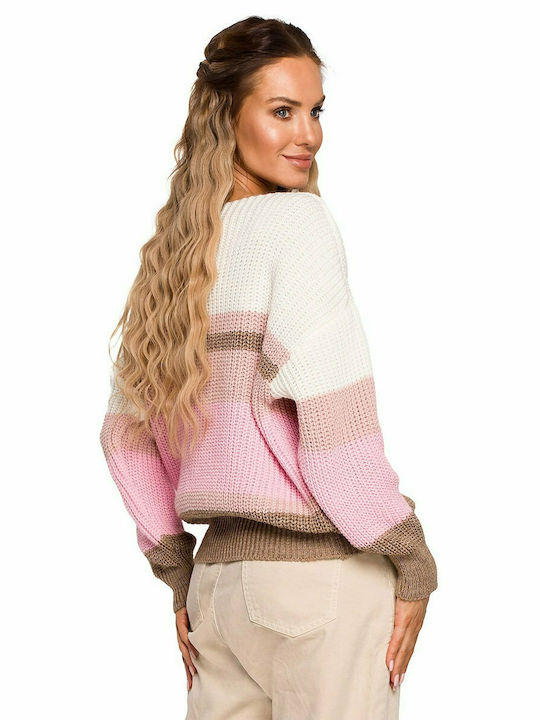 MOE Women's Long Sleeve Sweater with V Neckline Striped Pink