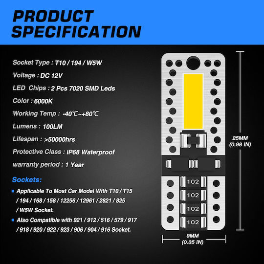 NovSight Lamps Car T10 Canbus LED 6000K Cold White 12V 2W 2pcs