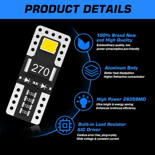 NovSight Lamps Car T10 Canbus LED 6000K Cold White 12V 2W 2pcs