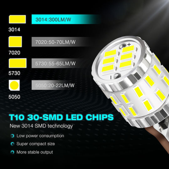 NovSight Lamps Car T10 Canbus LED 6500K Cold White 12-24V 3W 2pcs