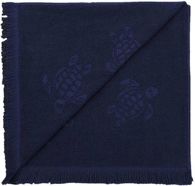 Vilebrequin Beach Fouta Strandtuch Baumwolle Blau mit Fransen 178x89cm.