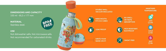 Quokka Kids Water Bottle Thermos Dinosaur Stainless Steel with Screw Cap Non Spill 330ml
