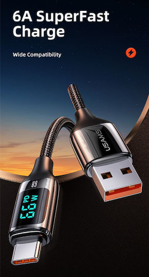 Usams US-SJ544 Braided LED USB 2.0 Cable USB-C Male - USB-A 66W PD Black 1.2m