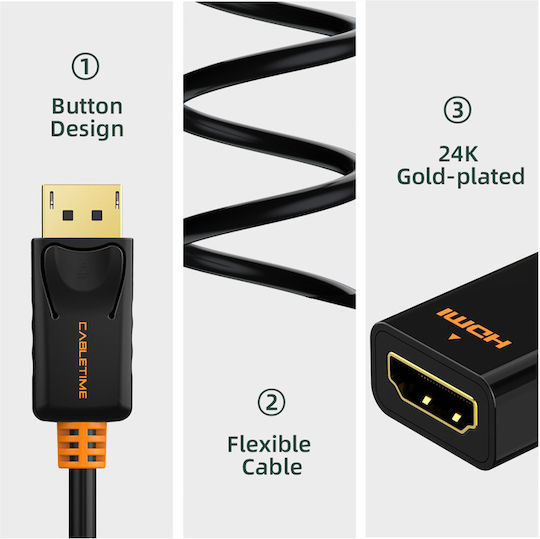 Cabletime AV586 4K Convertor DisplayPort Masculin în HDMI Feminin 1 Bucată