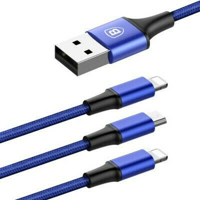 Baseus Rapid Series Braided Cablu USB la Lightning / micro USB cu mai multe porturi 3A Albastru 1.2m (CAMLL-SU13)