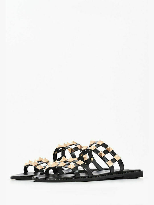 Makis Kotris Leather Women's Flat Sandals in Black Color