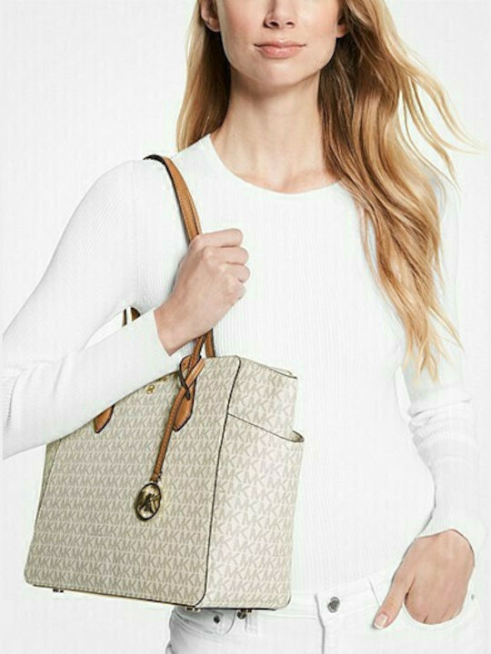 Michael Kors Marilyn Medium Logo Δερμάτινη Γυναικεία Τσάντα Shopper 'Ωμου σε Μπεζ χρώμα