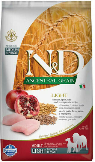 Farmina N&D Ancestral Grain Light Mini 2.5kg Dry Food with Few Grains for Adult Neutered Small Breed Dogs with Chicken and Pomegranate