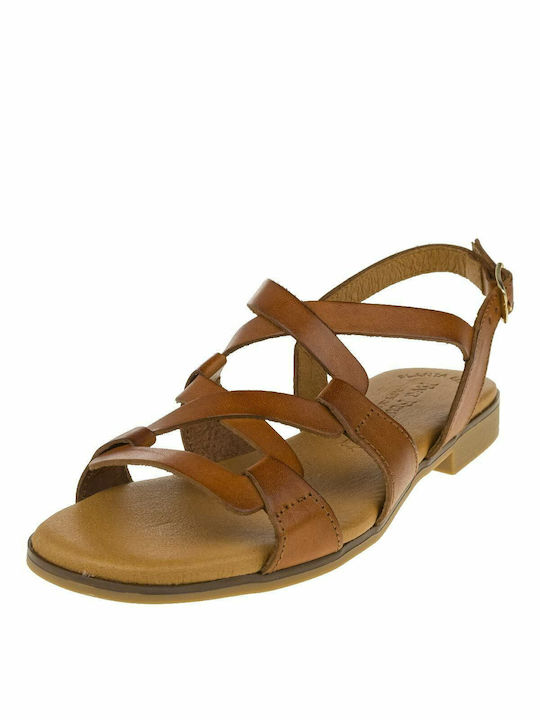 Leather Women's Flat Sandals in Tabac Brown Color