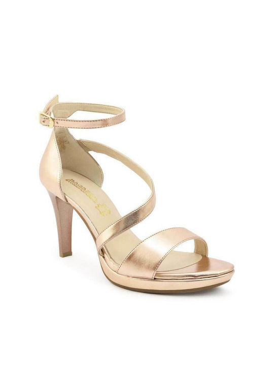 Ragazza Leather Women's Sandals Pink Gold with Thin High Heel