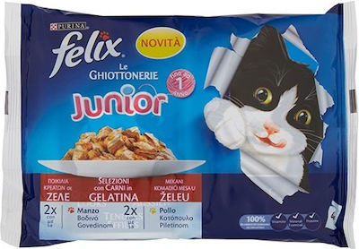 Purina Felix Junior Le Ghiottonerie Nasses Katzenfutter für Katze in Beutel mit Rindfleisch und Huhn 4x85gr