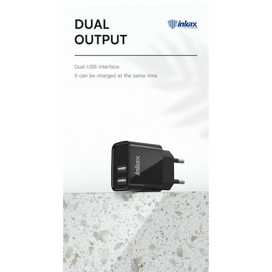 Inkax Încărcător cu 2 Porturi USB-A și Cablu Lightning Negruς (CD-65)