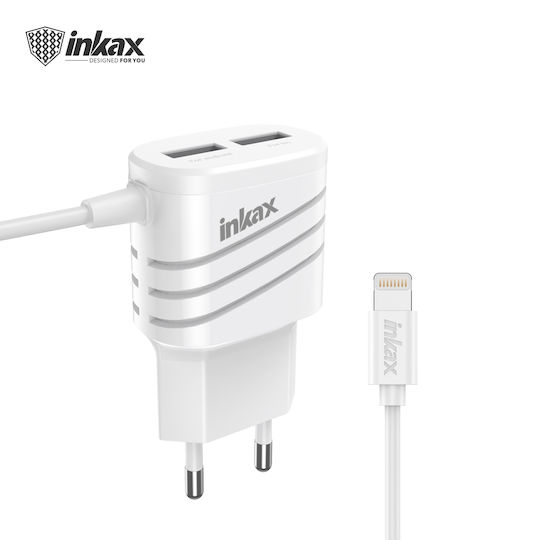 Inkax Charger with Built-in Cable with 2 USB-A Ports Lightning Whites (CD-63)