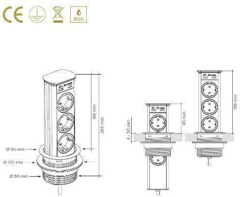 SFL Τριπλή Χωνευτή Πρίζα Ρεύματος με 2 Θύρες USB με Καπάκι Μαύρη