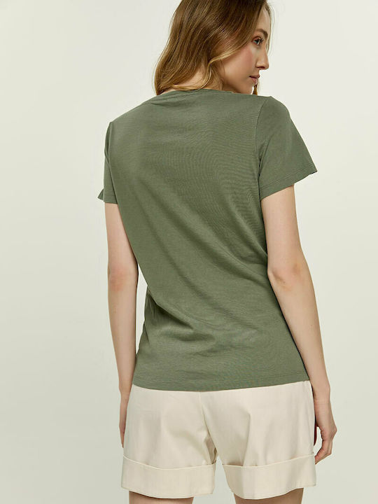 Edward Jeans Γυναικείο T-shirt Χακί με Στάμπα