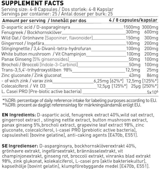 Swedish Supplements T- Power Συμπλήρωμα για Προπόνηση & Ενίσχυση της Τεστοστερόνης 200 κάψουλες