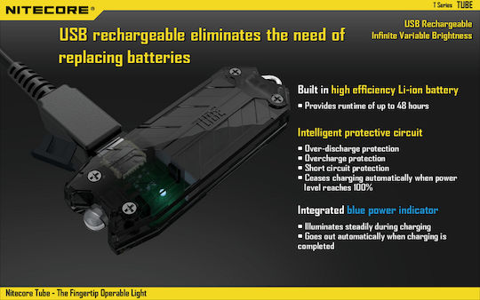 NiteCore Rechargeable Keychain Flashlight LED IP65 with Maximum Brightness 45lm Tube V2.0 Embedded Light Blue