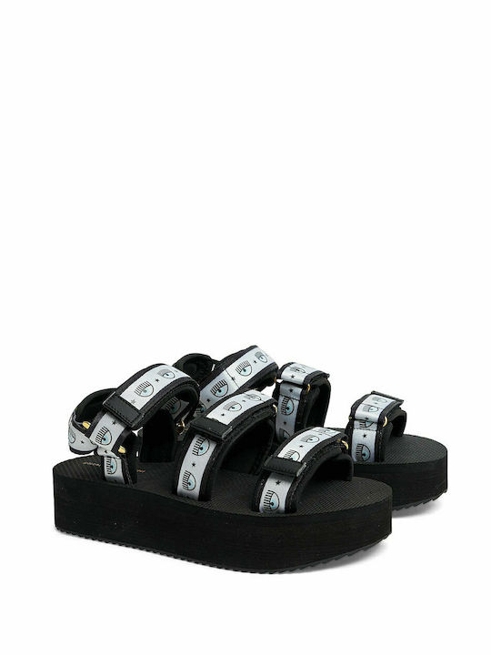 Chiara Ferragni Leather Women's Flat Sandals Sporty Flatforms In Black Colour