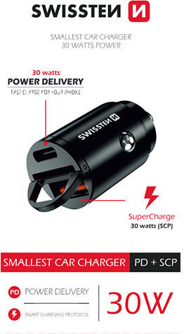 Swissten Φορτιστής Αυτοκινήτου 30W 3A με Θύρες: 1xUSB 1xType-C Μαύρος
