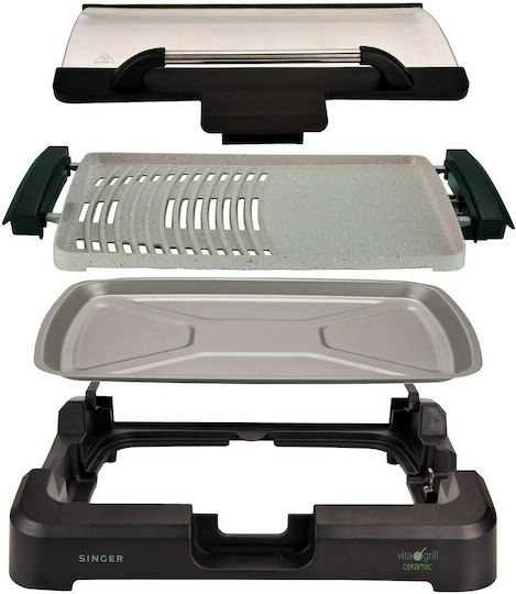 Singer Vita Tabletop Electric Grill Ribbed Plate 2000W with Lid and Adjustable Thermostat 37cmx30cmcm