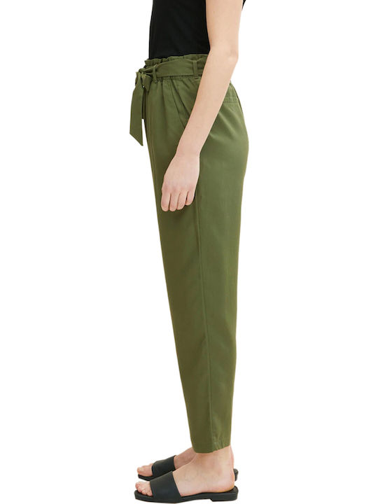 Women's High-waisted Fabric Capri Trousers with Elastic Paperbag Fit Khaki