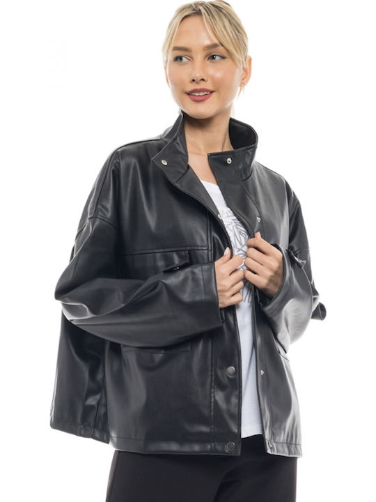 Women's Short Lifestyle Artificial Leather Jacket for Winter Black