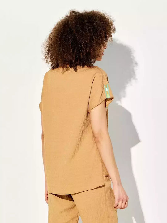 Forel Damen Sommer Bluse Kurzärmelig mit V-Ausschnitt Camel