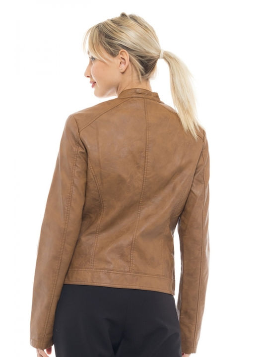 Splendid Women's Short Biker Artificial Leather Jacket for Winter Brown