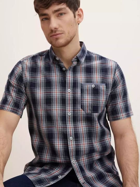 Short Sleeve Cotton Shirt in Regular Fit Checked Blue