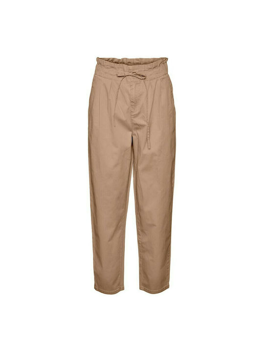 Damen Hoch tailliert Stoff Hose mit Gummizug in Lockere Passform Braun
