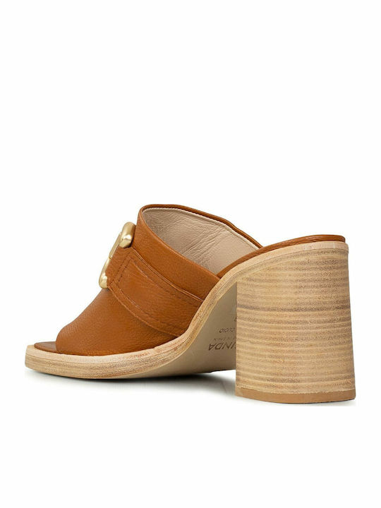 Leather Mules with Chunky High Heel in Tabac Brown Color