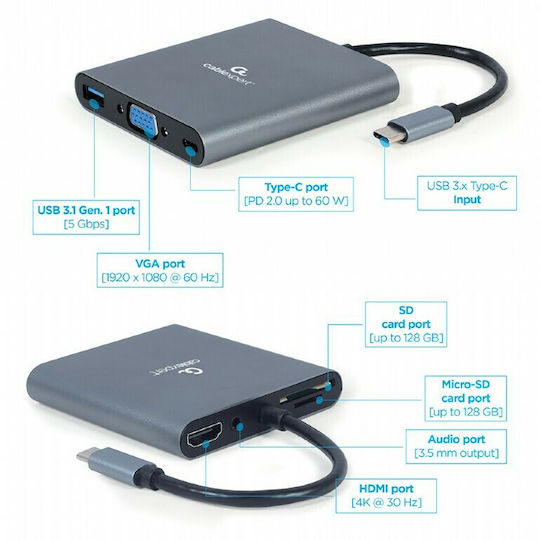 Cablexpert USB-C Docking Station με HDMI 4K PD Γκρι (A-CM-COMBO6-01)