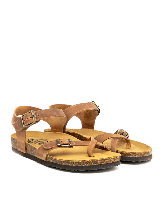 Leather Women's Flat Sandals Anatomic in Tabac Brown Color