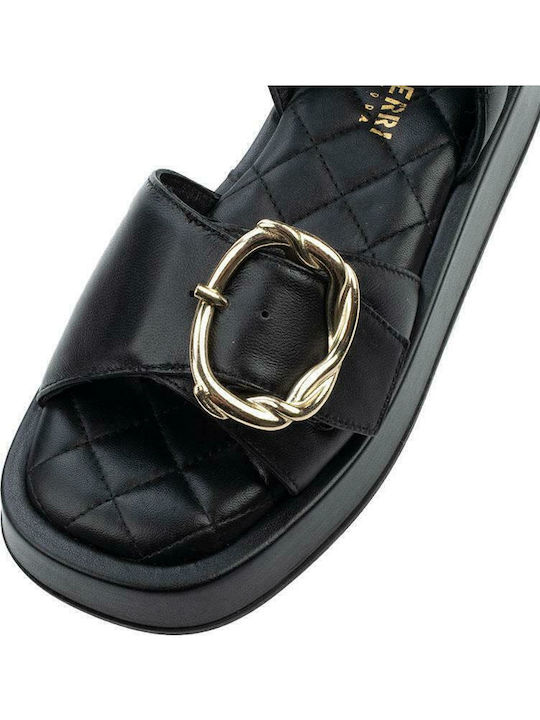 Leather Women's Flat Sandals Flatforms in Black Color