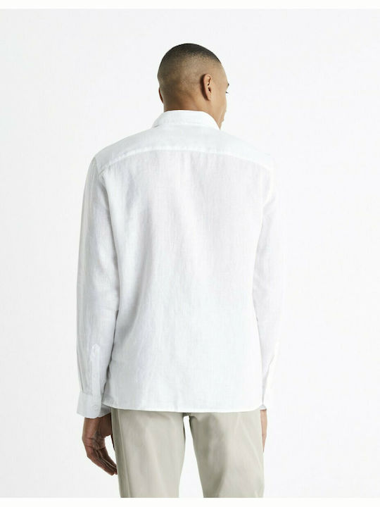 Celio Baflax Men's Shirt Long Sleeve Linen White