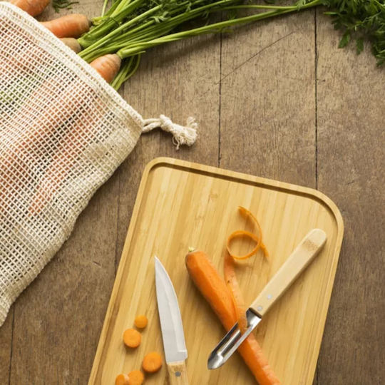 Pebbly Rectangular Bamboo Chopping Board Set with Knife, Peeler & Bag Brown 28x20cm 4pcs