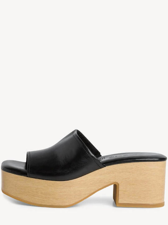Leather Mules with Chunky High Heel in Black Color