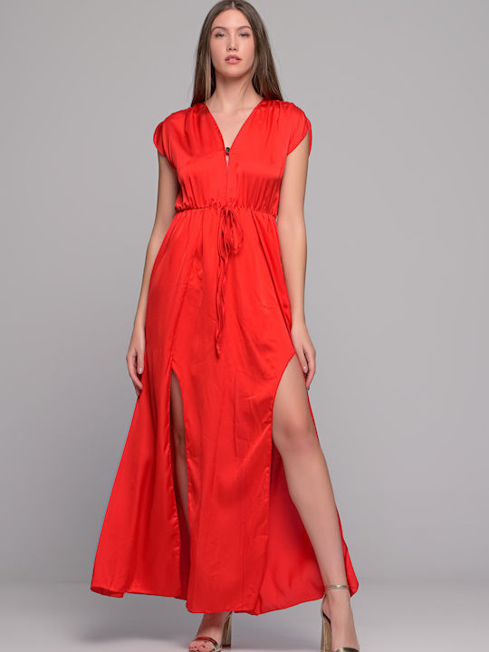 LikeMe Sommer Maxi Abendkleid Satin mit Schlitz Rot